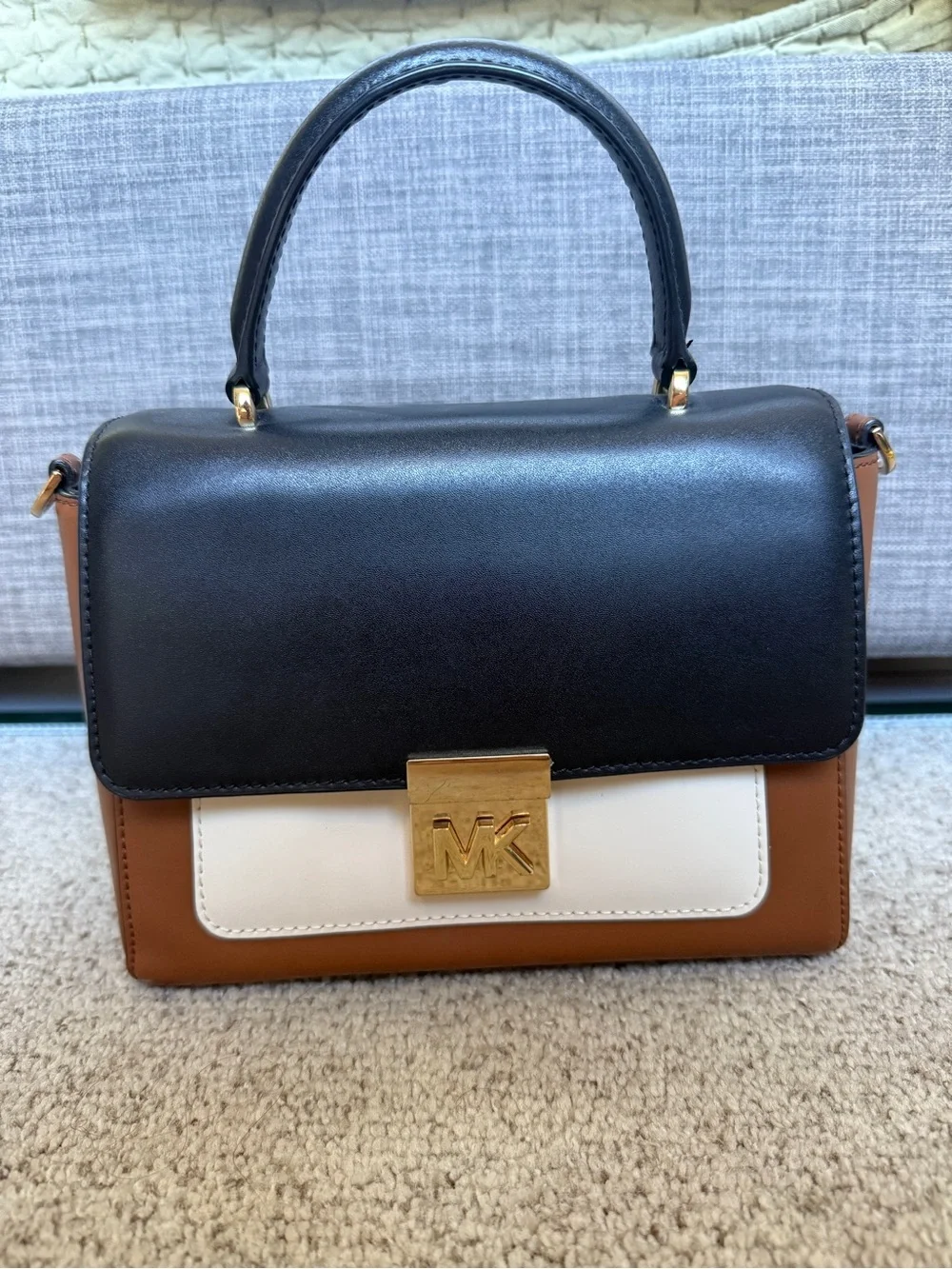 Michael Kors Colorblock Leather Top-Handle Satchel in Black/Cream/Tan
